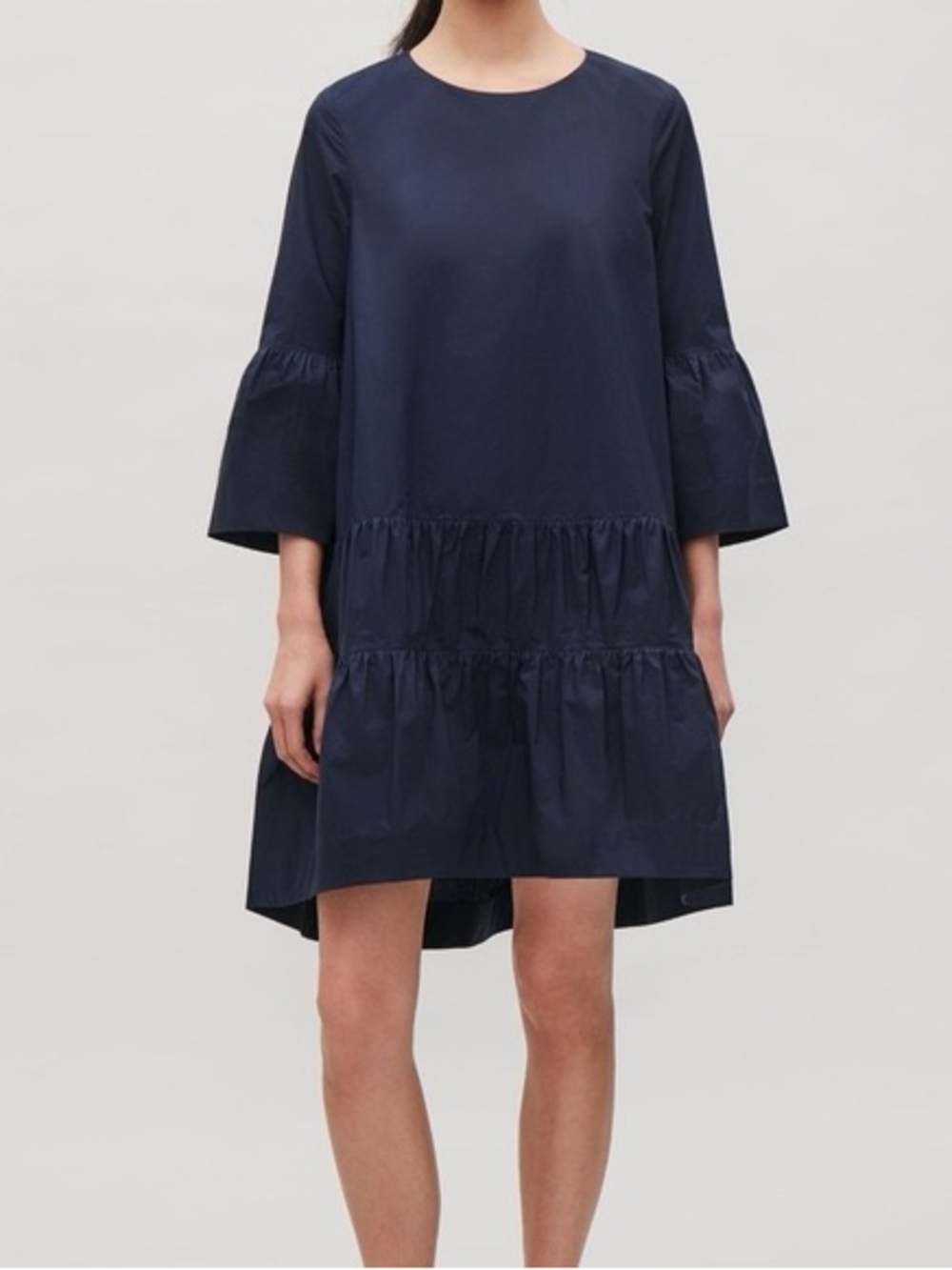 COS Tiered Bell Sleeve Dress Navy Blue Pickets Size 2